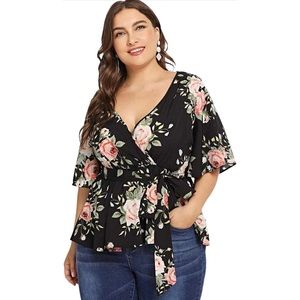 ROMWE Floral Belt Tie Wrap Blouse